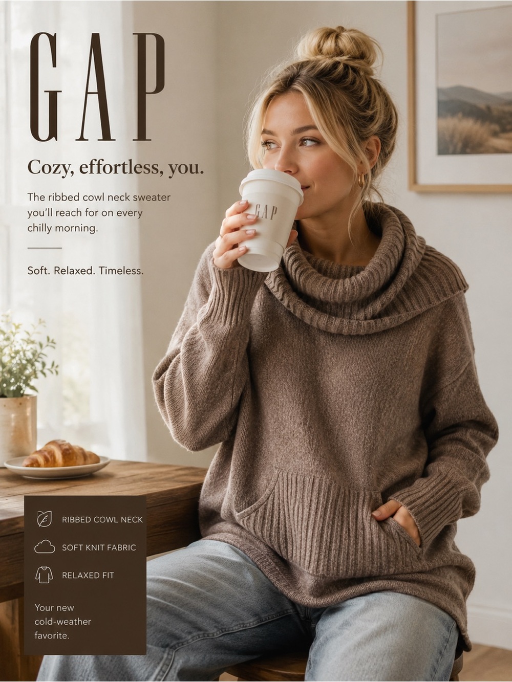 💙 GAP Taupe Ribbed Cowl Neck Pullover